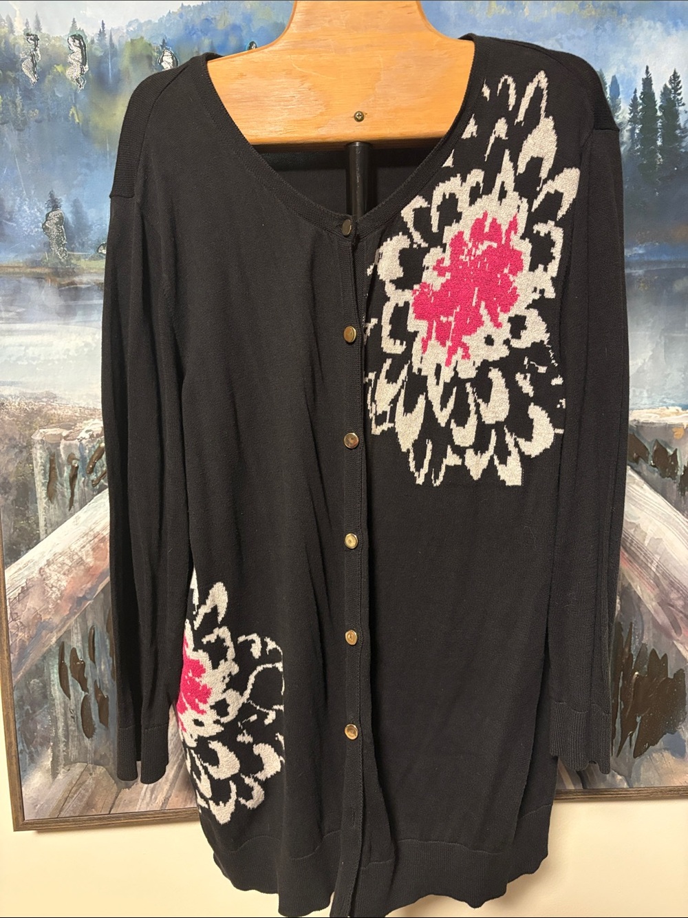 Jones New York Black Cardigan with Cream and Pink Floral Intarsia